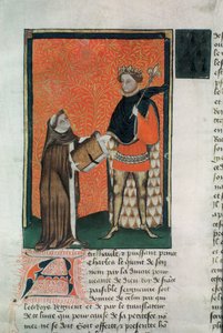 MS Hunter 8 f.9r Kääntäjä Courbichon esittelee kirjan Charles V:lle tekijältä French School
