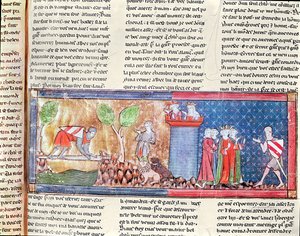 M. 806 f.166 Lancelot osoittaa rakkautensa Guineverea kohtaan ylittämällä joen, jonka terävä miekka silta, Roman de Lancelot du Lac, 1344 tekijältä French School