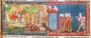 M. 806 f.166 Lancelot osoittaa rakkautensa Guineverea kohtaan ylittämällä joen, jonka terävä miekka silta, Roman de Lancelot du Lac, 1344 tekijältä French School