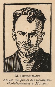 M. I. Gendelman, venäläinen sosialistivallankumouksellinen poliitikko, joka oli yksi syytetyistä sosialistivallankumouksellisten oikeudenkäynnissä Moskovassa vuonna 1922, Neuvostoliiton ensimmäisessä näytösoikeudenkäynnissä (litografia). tekijältä French School