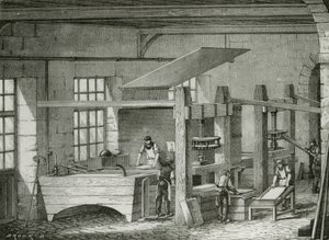 Paperin valmistus käsin seulomalla massa muotoihin. Kaiverrus c1870. tekijältä French School