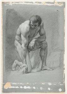 Miesakatemia, polvillaan, nojaten eteenpäin kalliolle, 1700-luvun loppu (musta liitu valkoisella korosteella) tekijältä French School