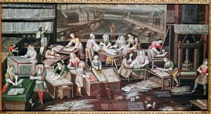 Pelikorttien valmistus talossa Place Dauphine -rakennuksessa (suunnittelu viuhkalle, guassi paperille, n. 1680) tekijältä French School
