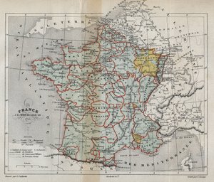 Ranskan kartta Louis XIV:n kuolemasta vuonna 1715 - Plan de La france a la mort de Louis XIV en 1715 - Victor Duruyn (1811-1894) kaiverrus "" Histoire de France" -kirjoitukseen - 1882 tekijältä French School