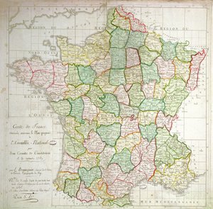 Ranskan kartta, jossa näkyy suunnitelmat departementtien jakamisesta, 1789 (värilitho ja muste)