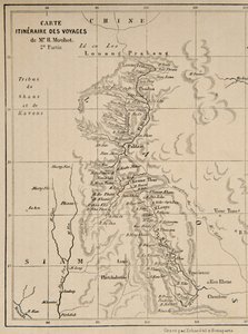 Laosin ja Mekong-joen kartta, joka näyttää Henri Mouhotin matkan reitin, kuva julkaisusta Matkat Indo-Kiinan (Siamin), Kambodžan ja Laosin keskiosissa vuosina 1858, 1859, a