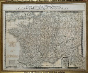Ranskan keisarikunnan (ensimmäinen keisarikunta) kartta, jonka Saint Denisin kunniamerkkilegioonan imperiaalitalon oppilaat ovat kirjailleet. Kirjonta kuva vuodelta 1809. Ile d