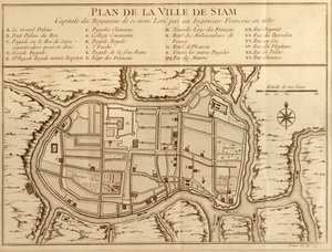 Kartta Siamin kaupungista, tuonnimisen valtakunnan pääkaupungista ranskalaisen insinöörin vuonna 1687 tekemän tutkimuksen jälkeen, julkaistiin Antoine Prevostin Histoire Generale des Voyages -julkaisun 1751 painoksessa.