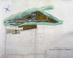 Kartta Moulin Jolyn puutarhasta. Colombesin alueen suunnitelmakartan levy (1780), säilytetty kansallisarkistossa. tekijältä French School