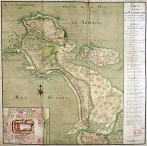 Noirmoutier-saaren kartta sekä linnan kartta, tehty vuonna 1769. tekijältä French School