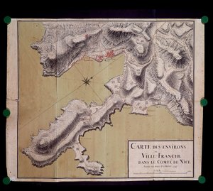 Kartta Villefranchen ympäristöstä Nizzan leveen kreivissä lokakuussa 1748 tekijältä French School