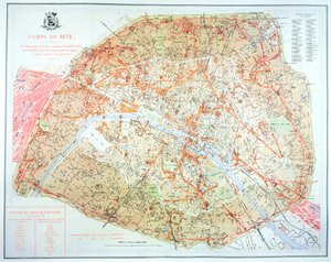 Kartta, joka näyttää työn laajuuden Haussmannin kehityskauden aikana Pariisissa 1854-71, 1871
