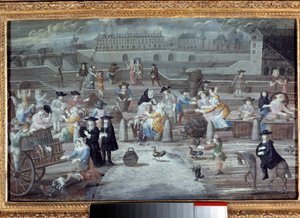 Siipikarja- ja leipämarssi, quai des Grands Augustins Pariisissa 1660. Nimetön ranskalainen maalaus tekijältä French School