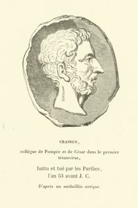 Marcus Licinius Crassus, Pompeius Suuren ja Julius Caesarin kollega ensimmäisessä triumviraatissa, tappoi partiolaisia vastaan vuonna 53 eKr. (kaiverrus) tekijältä French School