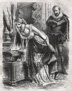 Marguerite de Valois (1553-1615), joka tunnetaan nimellä Queen Margot, piilottaa rakastajansa Julien de Lerisin tallelokeroon. Hänen miehensä, Ranskan kuningas Henrik IV (1553-1610), tarkkailee kohtausta hauskasti. 16. vuosisata. Kaiverrus vuodelta 1871 te tekijältä French School