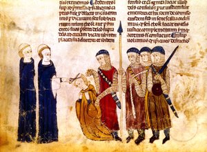 Burgundin Marguerite (1290-1315), Ranskan kuningas Ludvig X:n vaimo, leikkauttaa hiuksensa aviorikoksen vuoksi (pergamentti). tekijältä French School