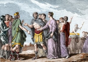 Ranskan kuninkaan Clovis 1:n (481-511) avioliitto Clotilden (Sainte Clotilde, noin 475-545) (kuningatar) kanssa vuonna 493. Kaiverrus 1700-luvulta. tekijältä French School