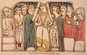 Englannin Henrik VI:n (1421 - 1471) ja Anjoun Margaritan (1429 - 1482) avioliitto vuonna 1445. Kaiverrus vuodelta 1793. Raamattu. Arts Deco Pariisissa. tekijältä French School