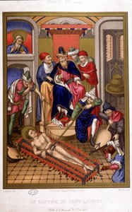 Saint Laurentin marttyyrikuolema (grilli) keskiajan pienoismallin jälkeen, Ranska 1300-luvulla. tekijältä French School