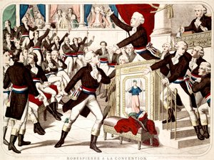 Maximilian Robespierre konventissa (Seance of 19 Thermidor 1794), Jean Lambert (Jean-Lambert) Tallian uhkaa Robespierrea veitsellä - Aikakauden suosittu kaiverrus tekijältä French School