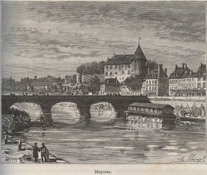 Mayenne on kunta Länsi-Ranskassa Pays de la Loiren alueella. Kaiverrus V.-A. on "La France illustree: maantiede, historia, hallintotilastot". Maltaanruskea. 1884 tekijältä French School