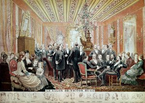 Kokous Maison Hugon kirjallisessa salongissa, Pariisissa, n. 1875 (kaiverrus) tekijältä French School