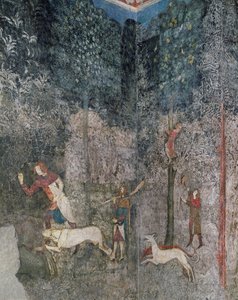 Miehet metsästämässä koirien kanssa, yksityiskohta La Chambre du Cerfistä (Stag Room) 1343 tekijältä French School