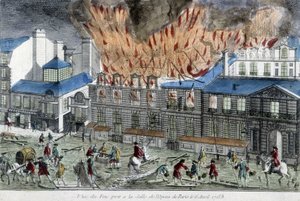 Miehet yrittävät sammuttaa Pariisin oopperan tulta vuonna 1763. tekijältä French School