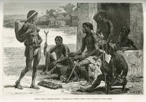 Miehet, naiset ja astiat (Bihe, Ruanda). D.Maillartin kaiverrus, joka kuvittaa majuri Serpa Pinton vuosina 1877-1878 kirjoittamaa kertomusta siitä, miten ylitin Afrikan Atlantin valtamereltä Intian valtamerelle, joka julkaistiin Tour du monde -lehdessä Ed. tekijältä French School