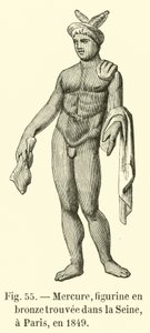 Merkurius, pronssihahmo, joka löydettiin Seinen uomasta Pariisista vuonna 1849 (kaiverrus). tekijältä French School