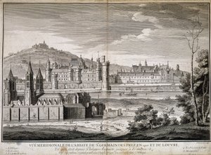 Meridionaalinen näkymä Saint Germain des Presin luostarille ja Louvrelle vuonna 1410 - kaiverrus tekijältä French School
