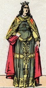 Merovingi-dynastia: Dagobert III:n (699-715) vaimon kuningatar Clothilden muotokuva. Epinaalikuvaus 1800-luvun lopulta. Yksityinen kokoelma. tekijältä French School