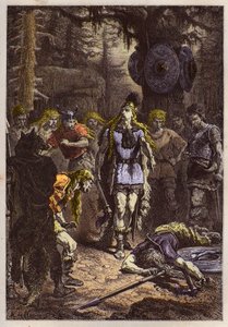 Merovingiens: Clovis 1er ampui alas sotilaan, joka oli rikkonut Soissons-maljakon, en 486 - Clovis (465-511) ja frankkilainen soturi, joka rikkoi Soissons-maljakon vuonna 486 - kaiverrus "" L