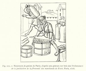 Pariisin viljanmittaajat; puupiirros Ordannances de la Jurisdiction de la Prevoste des Marchands de Parisista, Pariisi tekijältä French School