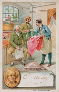 Michel Eugene Chevreul, ranskalainen kemisti (1786-1889), tarkastamassa joitain uusia väriaineita tekijältä French School