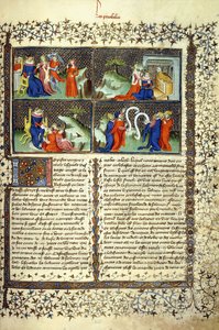 Pienoiskuva, joka kuvaa äitien tuomiota, Saban kuningattaren saapumista, Salomon opetusta ja lääkäreiden kiistaa, n. 1410 tekijältä French School