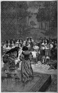Moliere ja hänen ryhmänsä soittivat ennen kuningas Ludvig XIV:tä ja kardinaali Jules Mazarinia (Giulio Raimondo Mazzarino tai Mazarino) (1602-1661). Kaiverrus teokseen "Kuvallinen maailma" 1886. tekijältä French School