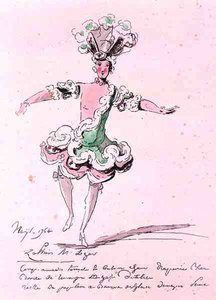 Monsieur Leger Zephyrin roolissa Naisissa, Cahusacin libretto, säveltäjä Jean-Philippe Rameau (1683-1764) 1764 (värikaiverrus) tekijältä French School