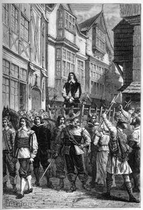 Montrose vietiin vankilaan kärryillä - James Graham (1612-1650), Montrosen markiisi, skotlantilainen kenraali, näytteillä Edinburghin High Streetillä, vuonna 1650 - kaiverrus Francoisin teoksesta "Englannin historia, varhaisimmista ajoista" Guizot 187 tekijältä French School
