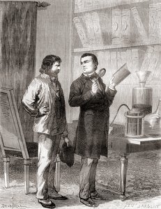 Moritz von Jacobi, oikealla, löytämässä galvanoplastia eli sähkötyyppiä vuonna 1838 Les Merveilles de la Science -julkaisusta, julkaistu n. 1870 (kaiverrus) tekijältä French School