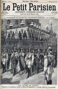 Moskovan juhlat: Venäjän keisari Nikolai II (1868-1918) ja vaikutuksensa Aleksandra Fiodorovna Romanova (1872-1918) jättävät Moskovan Kremlin Neitsyt-kirkon kruunauksensa jälkeen 14. toukokuuta tekijältä French School