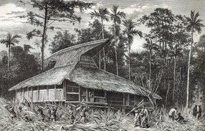Moskeija Dodingassa, Uudessa-Guineassa, kuvitus Le Tour du Monde -lehdestä, 1879 tekijältä French School