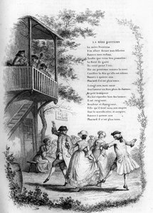 Äiti Bontems (Bontemps). Nuorten parien tanssi kylässä muusikoiden parvekkeella. Kaiverrus "" Chants et chansons populaire de la France"", Tome 2 tekijältä French School