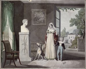 Äiti ja poika itkevät ennen kuolleen sotilaan rintakuvaa, 1800-luvun alku tekijältä French School