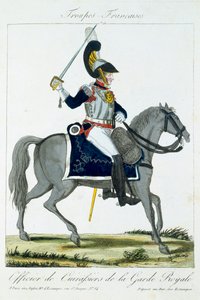 Kuninkaallisen vartijan Cuirassiersin ratsuupseeri, Troupes Francaises, pub. chez Basset, Pariisi, noin 1790 tekijältä French School
