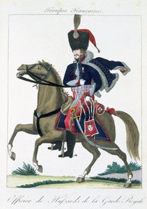 Kuninkaallisen kaartin husaarien upseeri, Troupes Francaises, pub. chez Basset, Pariisi, noin 1790 tekijältä French School