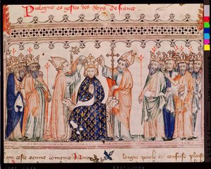 Ms.1469 f.1 Philip III Rohkean (1245-85) Ranskan kuninkaan vihkiminen Grandes Chroniques de Francesta, 1375-79 tekijältä French School