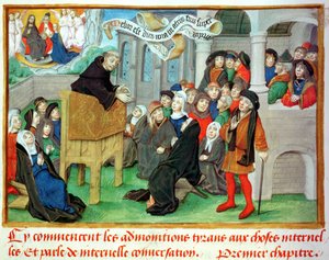 Ms.230 fol.57 Munkki saarnaa jäljitelystä Jean de Gersonin (1363-1429) teoksesta Sermons sur la Passion et Traites Divers tekijältä French School