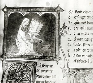 Ms.3142 fol.256 Marie de France (fl.12th century) kirjoitus, ranskalaisten runojen antologiasta, n. 1280-1290 (yksityiskohta) tekijältä French School
