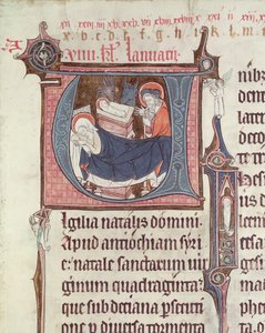 Ms.838 fol.55 Historiatoidut nimikirjaimet U ja I, jotka kuvaavat syntymää ja lapsen Kristusta, Obituaire de Notre Dame de Presistä, vuoden 1270 jälkeen (katso myös 155905) tekijältä French School